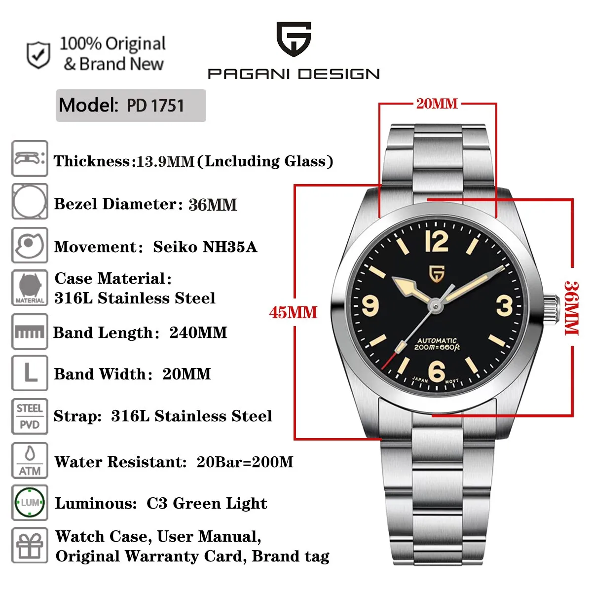 PAGANI DESIGN PD-1751 - 36mm - Crna