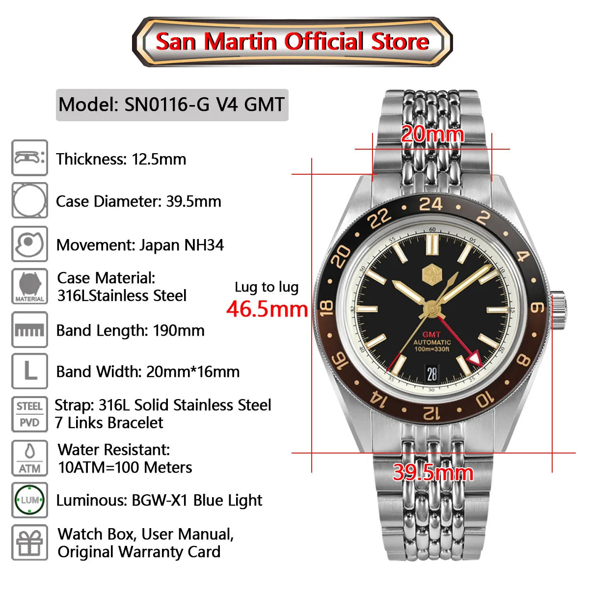 San Martin SN0116-G V4 GMT - 39.5mm - Crna/Braon