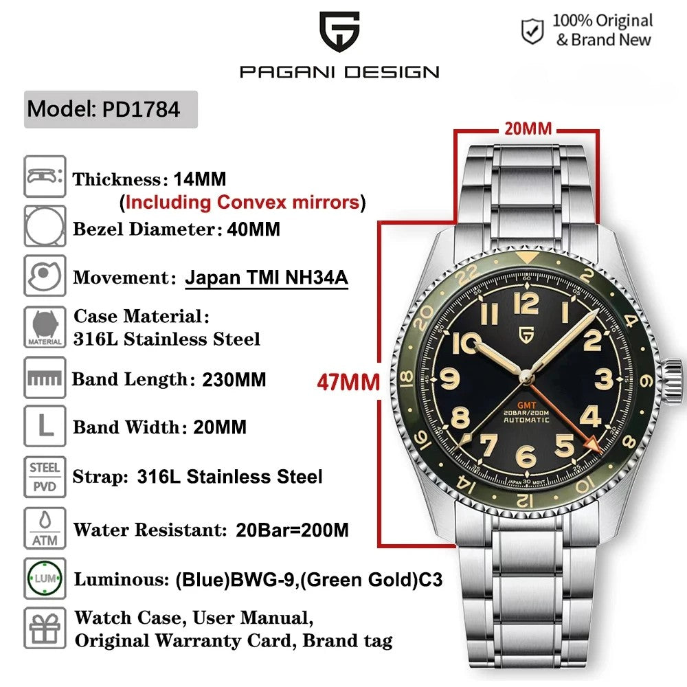 PAGANI DESIGN PD-1784 GMT - 40mm - Zelena