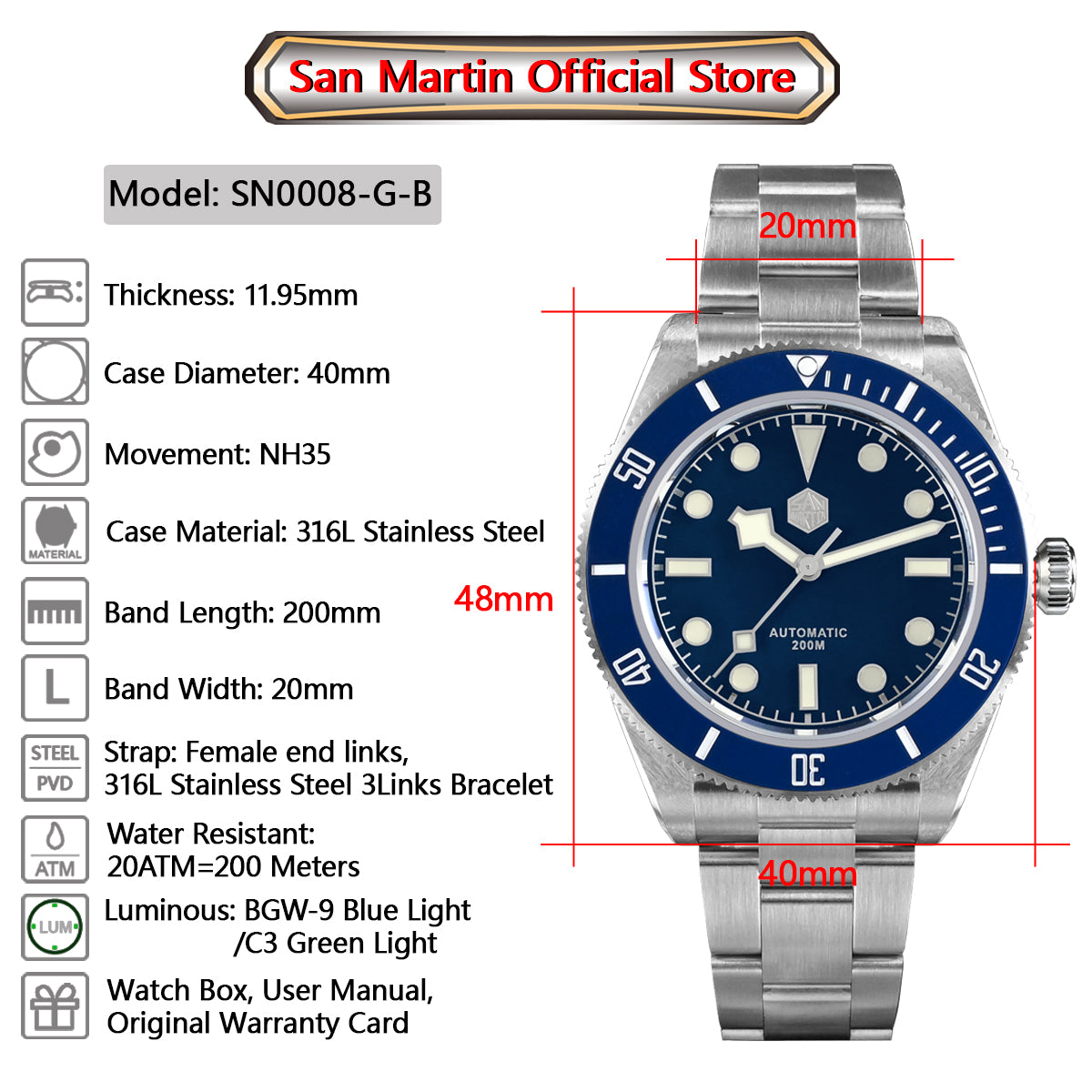 San Martin SN0008-GB Diver - 40mm - Crna