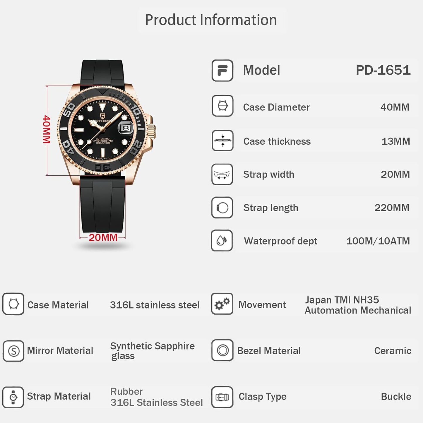 PAGANI DESIGN PD-1651 - 40mm - Roze zlatna