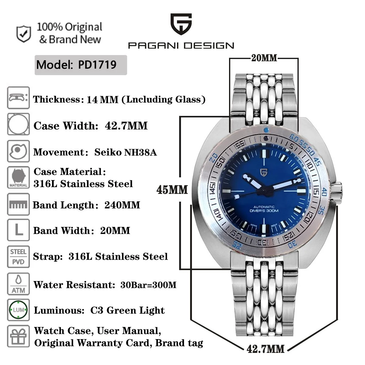 PAGANI DESIGN PD-1719 - 43mm - Narandžasta