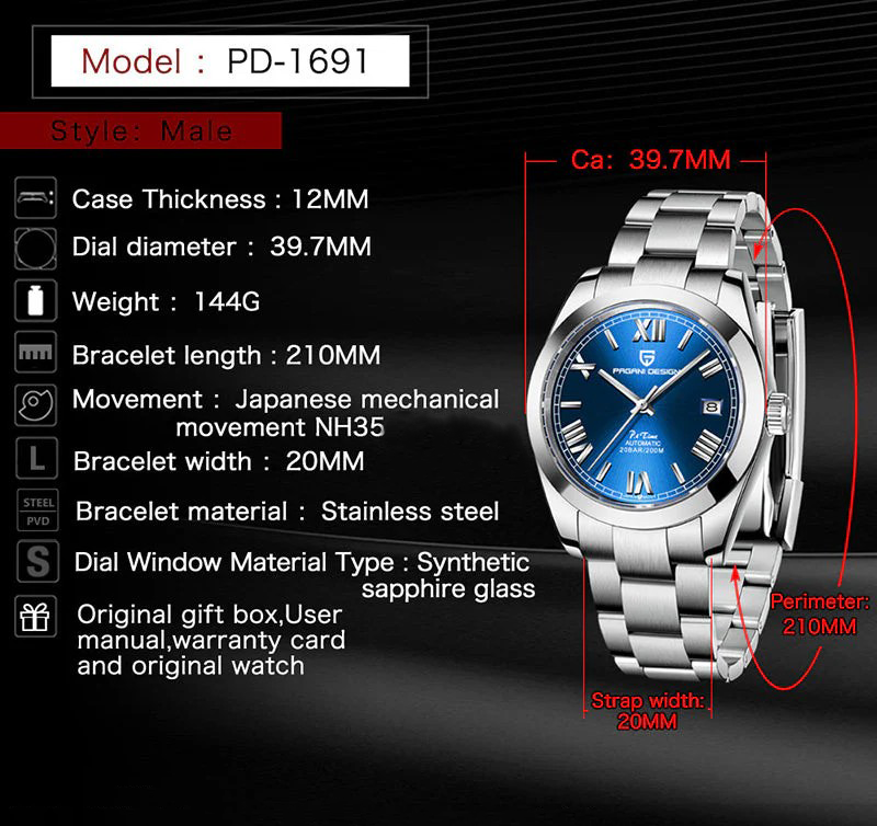PAGANI DESIGN PD-1691 - 39.7mm - Crna