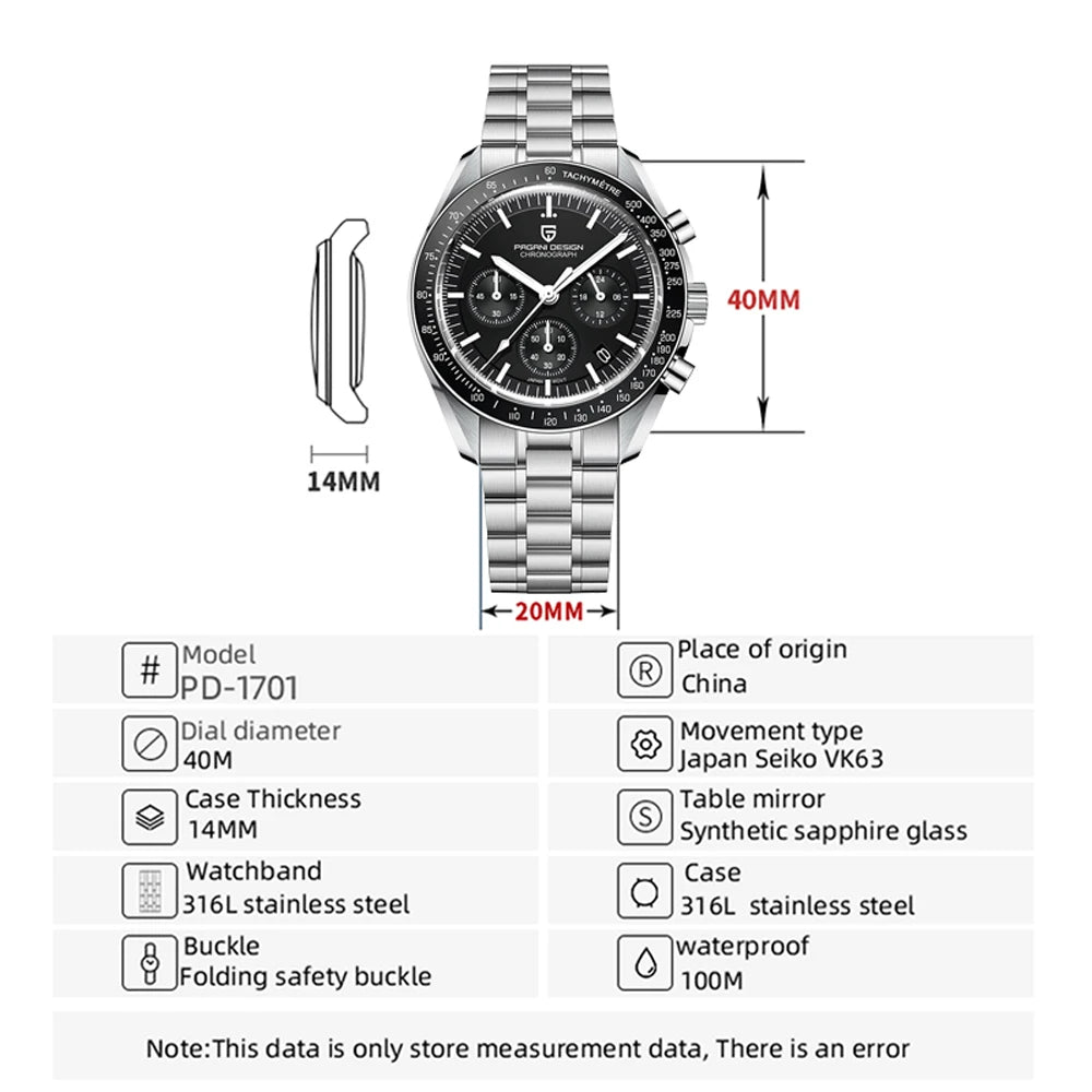 PAGANI DESIGN PD-1701 - 40mm - Pepsi - Omega Speedmaster Moonwatch Homage