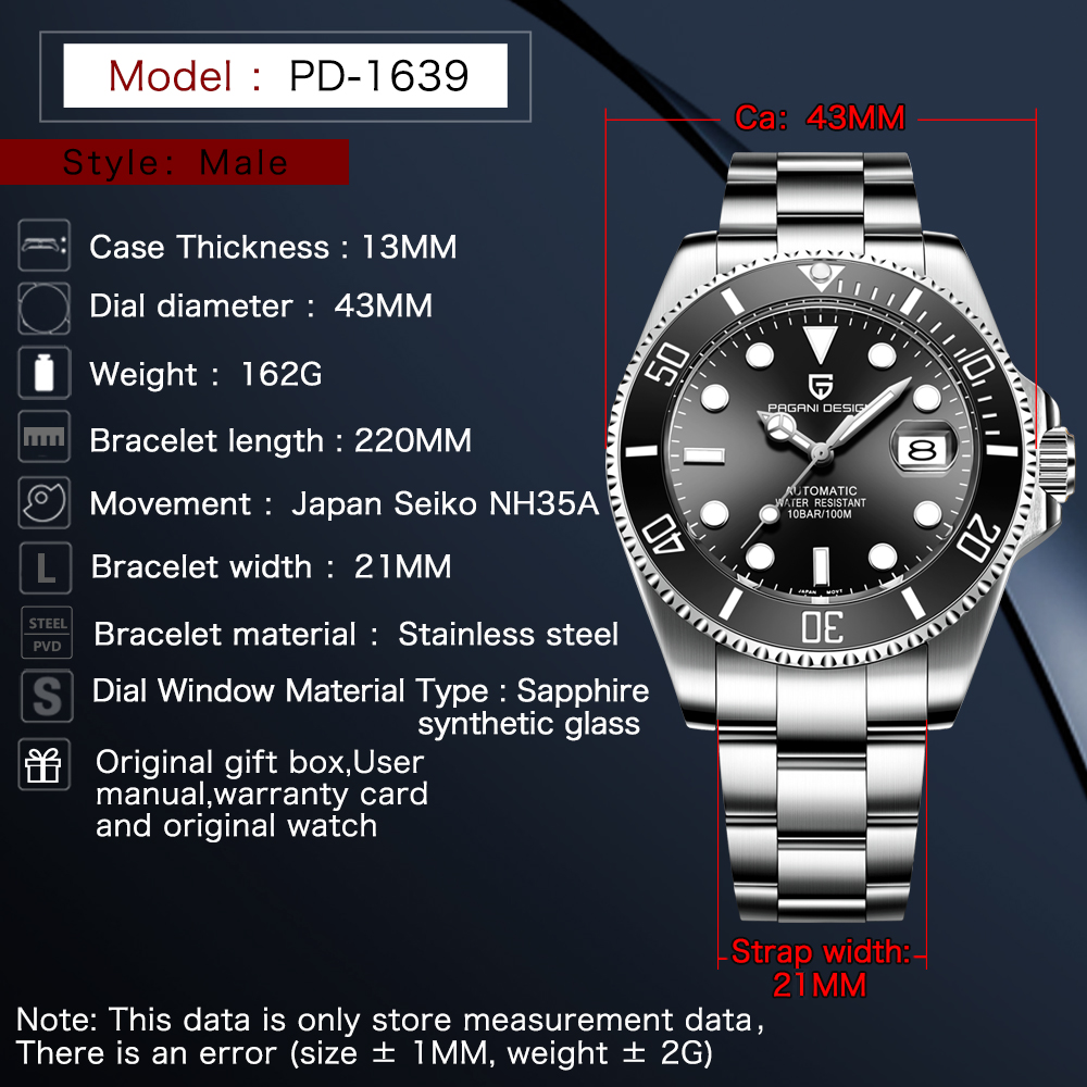 PAGANI DESIGN PD-1639 - 43mm - Crna - Rolex Submariner Homage