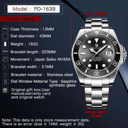 PAGANI DESIGN PD-1639 - 43mm - Plava - Rolex Submariner Homage