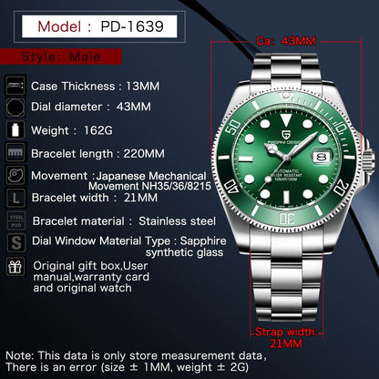 PAGANI DESIGN PD-1639 - 43mm - Zelena - Rolex Submariner Homage