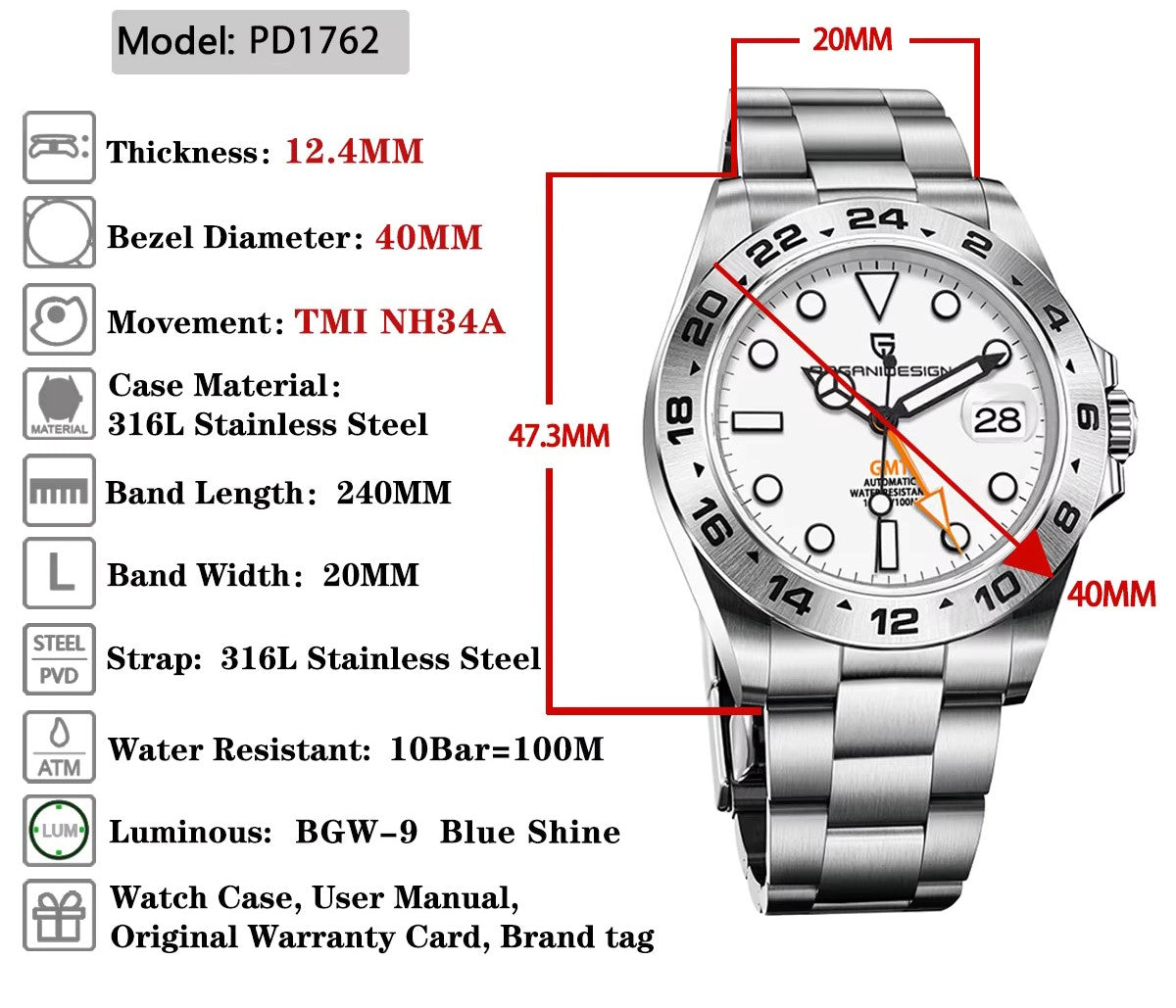 PAGANI DESIGN PD-1762 GMT - 40mm - Bela - Rolex Explorer II Homage