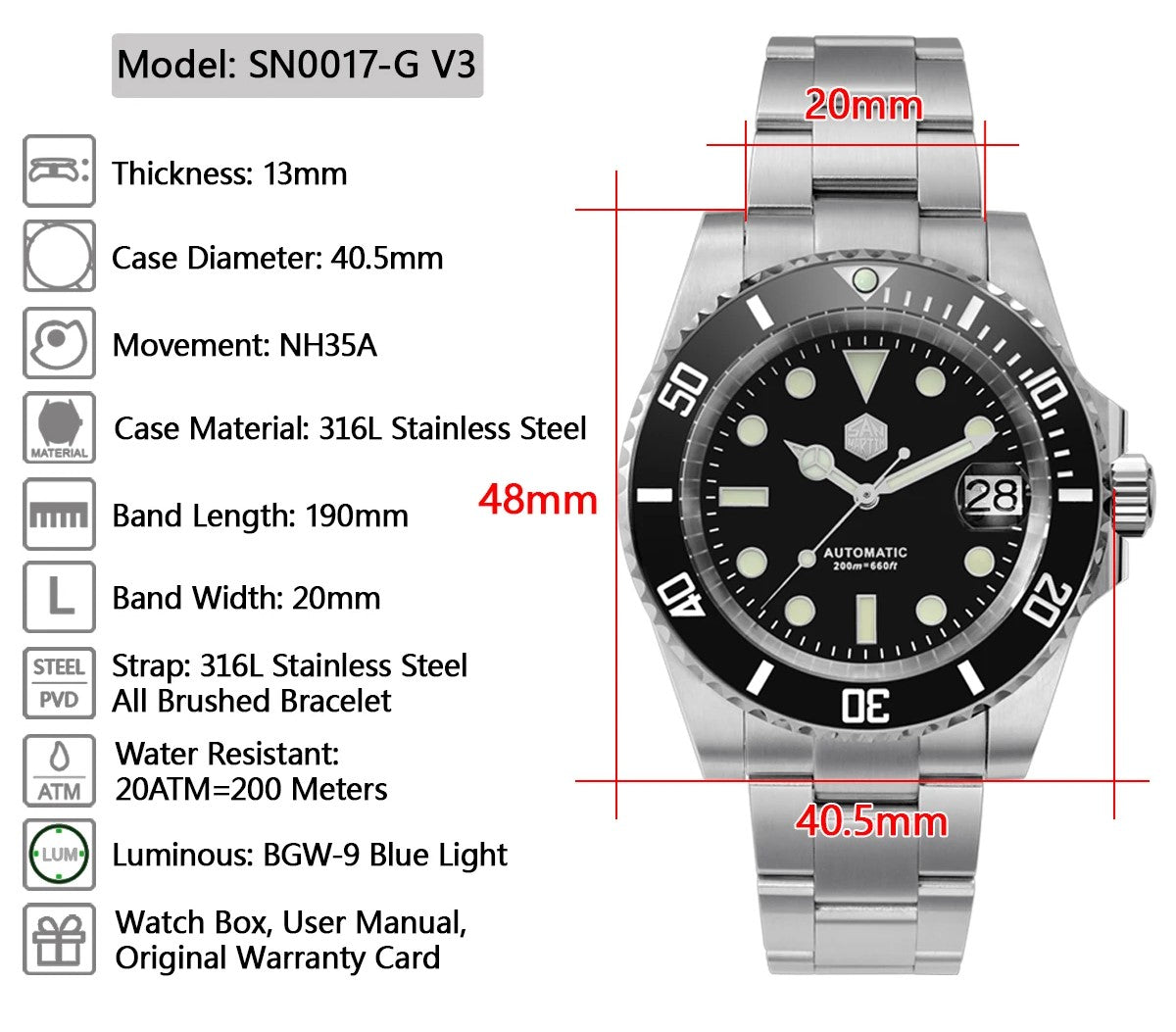 San Martin SN017 Sub Diver - 40.5mm - Crna - Rolex Submariner Homage