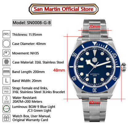 San Martin SN0008-GB Diver - 40mm - Plava - Tudor BLACK BAY 58 Homage