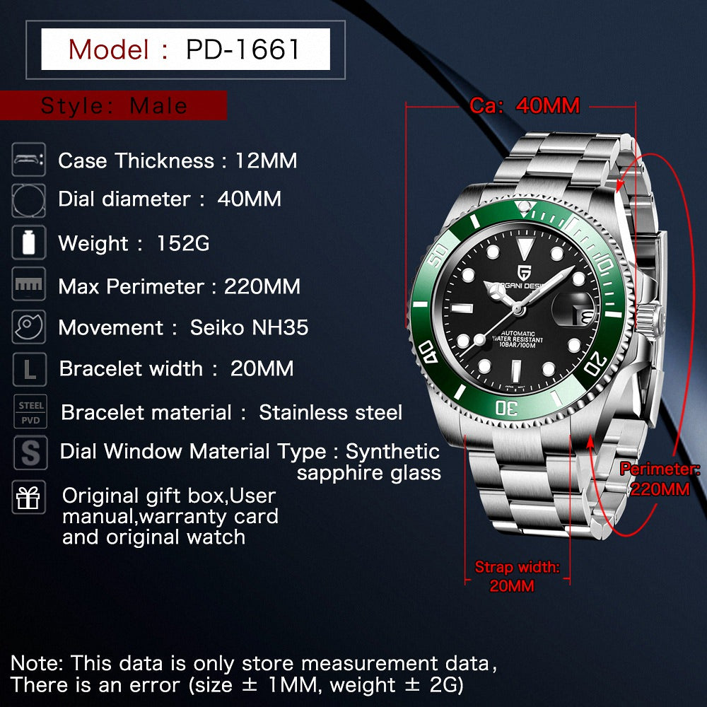 PAGANI DESIGN PD-1661 - 40mm - Zeleno/Crni- Rolex Submariner Homage